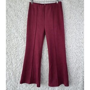 En Elly Flare Faux Suede Pull On Pants L Burgundy High Waist Boho Retro 70s Chic